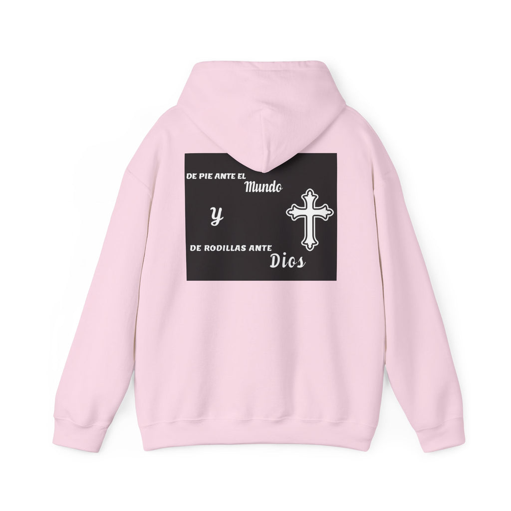 Religious Cross Hoodie — "De Pie Ante El Mundo y De Rodillas Ante Dios" Faith Sweatshirt