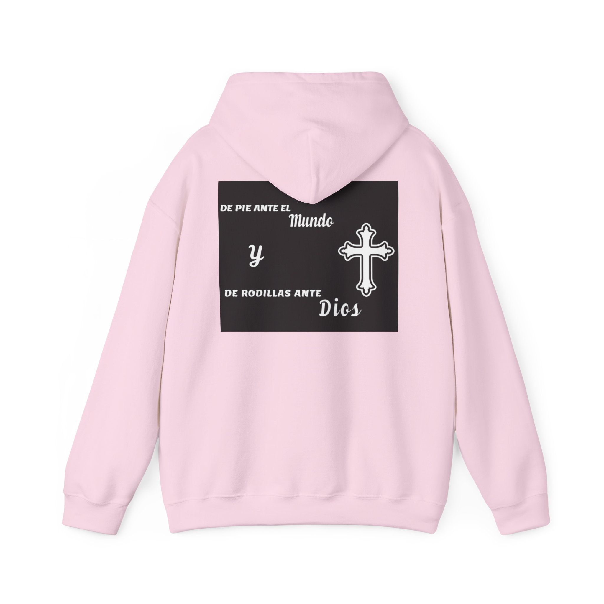 Religious Cross Hoodie — "De Pie Ante El Mundo y De Rodillas Ante Dios" Faith Sweatshirt