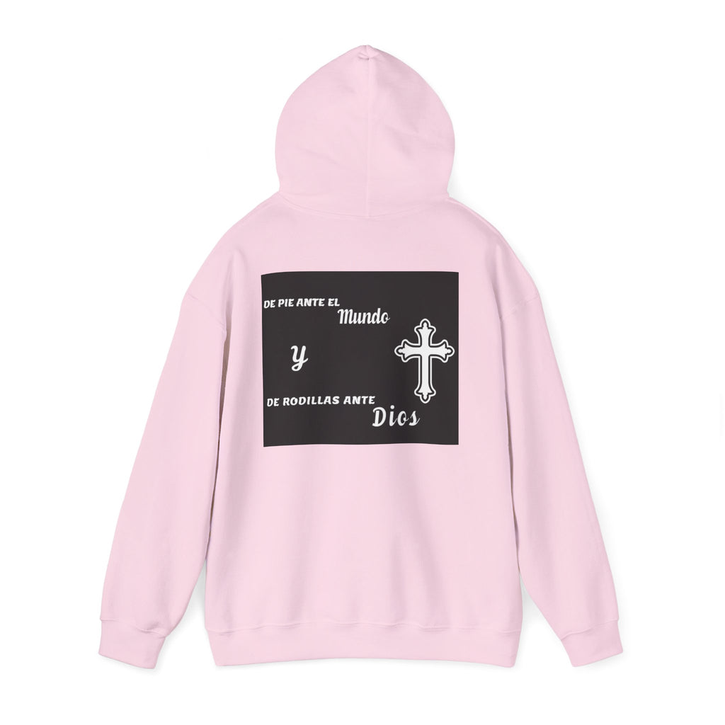 Religious Cross Hoodie — "De Pie Ante El Mundo y De Rodillas Ante Dios" Faith Sweatshirt