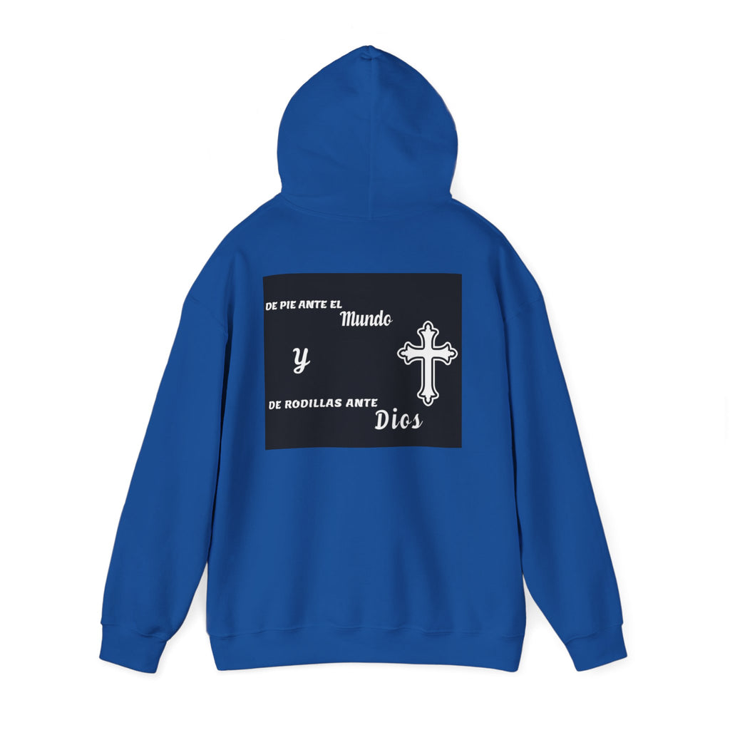 Religious Cross Hoodie — "De Pie Ante El Mundo y De Rodillas Ante Dios" Faith Sweatshirt