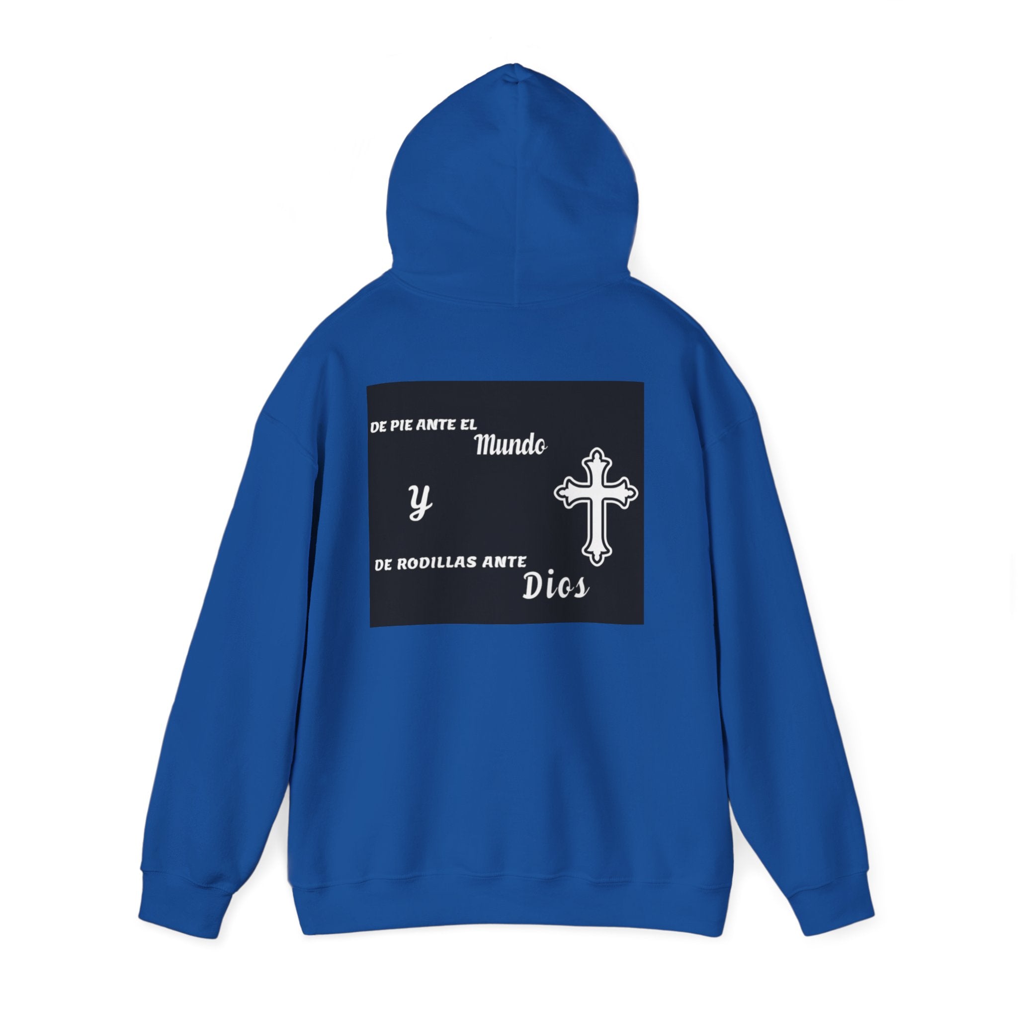 Religious Cross Hoodie — "De Pie Ante El Mundo y De Rodillas Ante Dios" Faith Sweatshirt