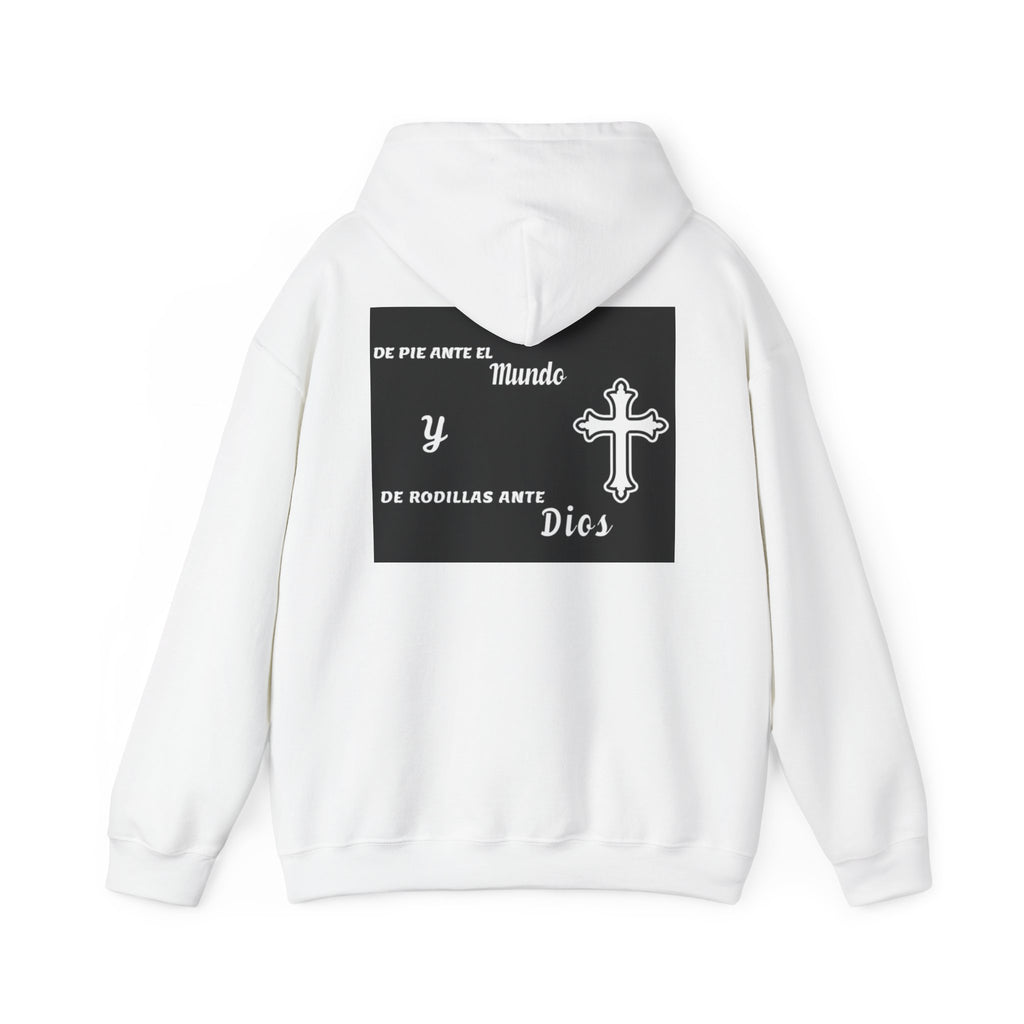 Religious Cross Hoodie — "De Pie Ante El Mundo y De Rodillas Ante Dios" Faith Sweatshirt