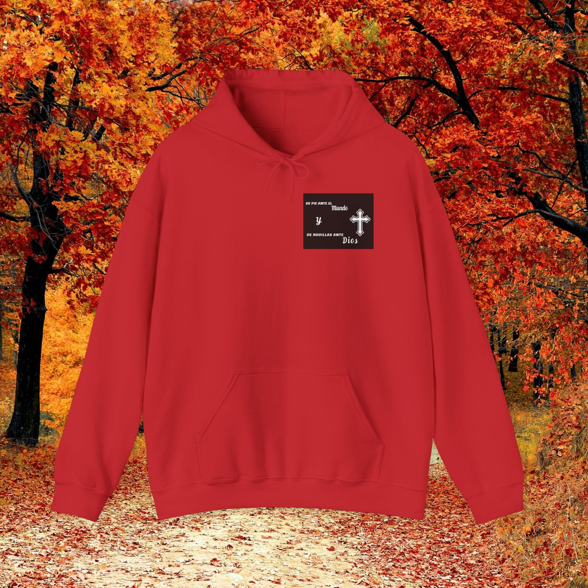 Religious Cross Hoodie — "De Pie Ante El Mundo y De Rodillas Ante Dios" Faith Sweatshirt