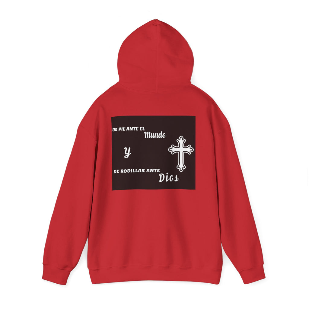 Religious Cross Hoodie — "De Pie Ante El Mundo y De Rodillas Ante Dios" Faith Sweatshirt