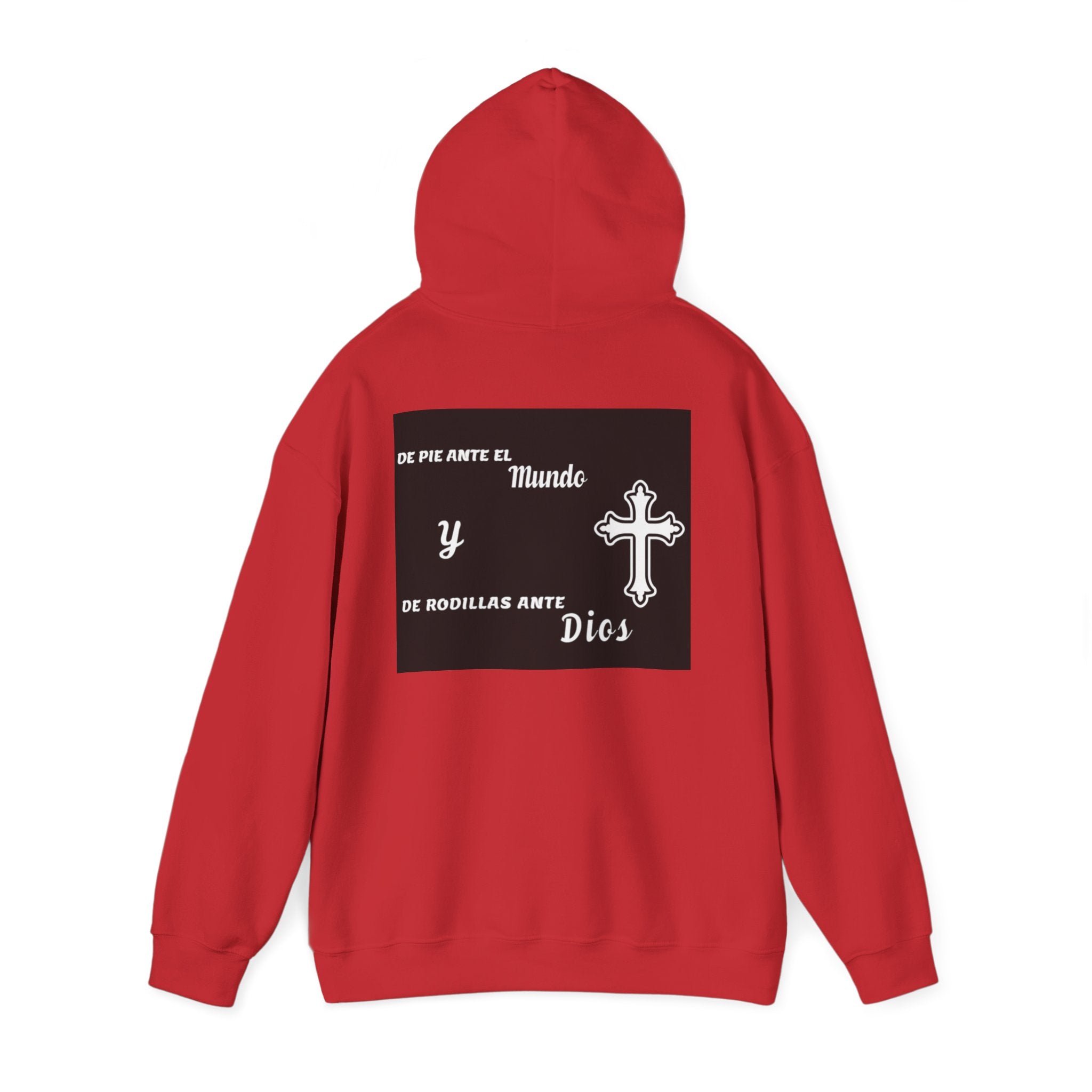 Religious Cross Hoodie — "De Pie Ante El Mundo y De Rodillas Ante Dios" Faith Sweatshirt