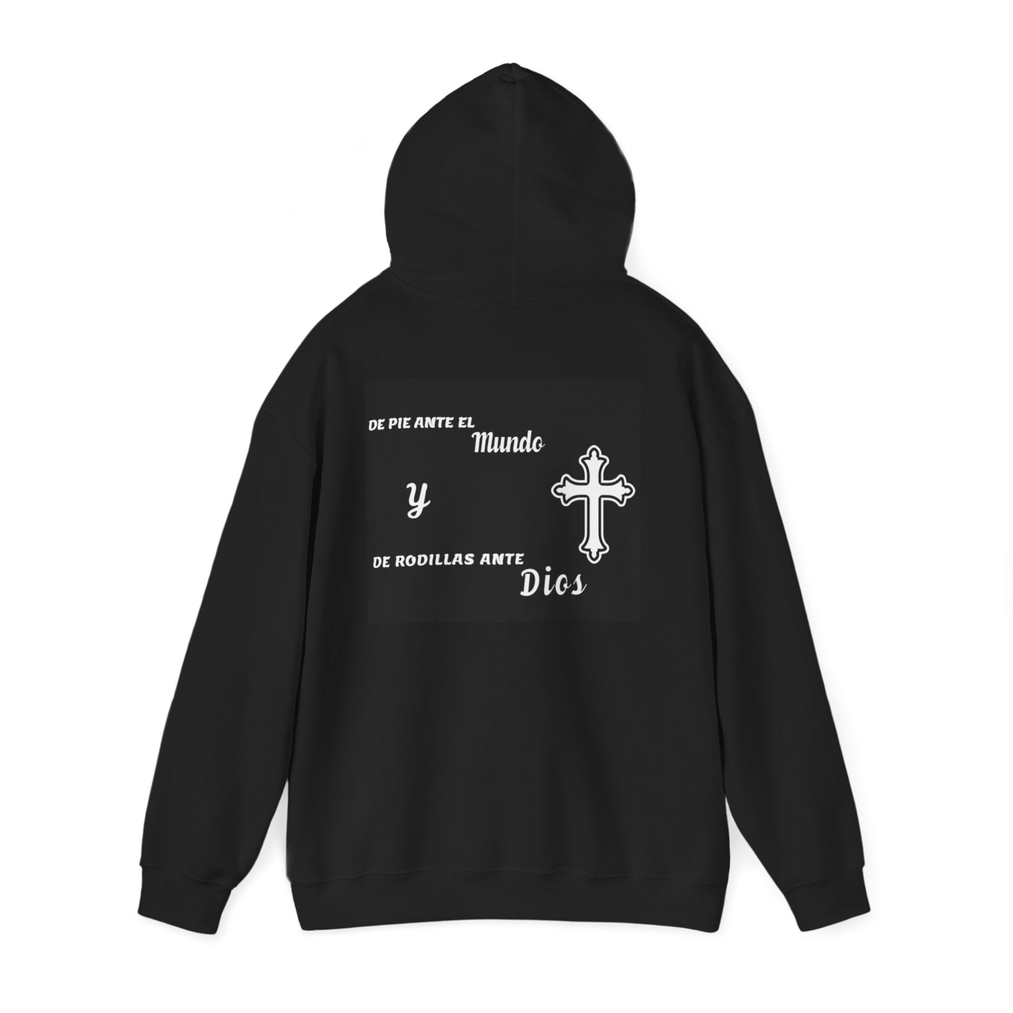 Religious Cross Hoodie — "De Pie Ante El Mundo y De Rodillas Ante Dios" Faith Sweatshirt
