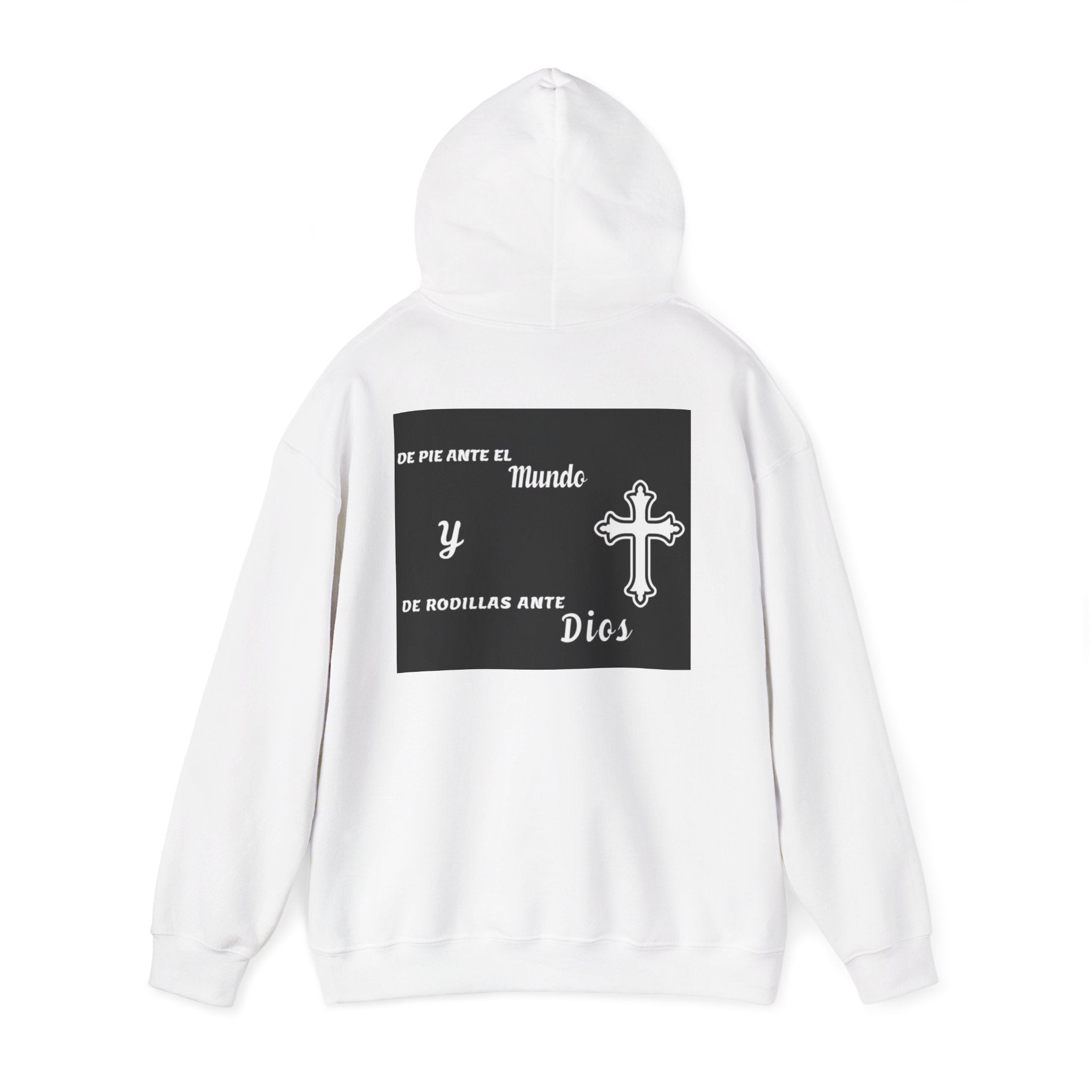 Religious Cross Hoodie — "De Pie Ante El Mundo y De Rodillas Ante Dios" Faith Sweatshirt